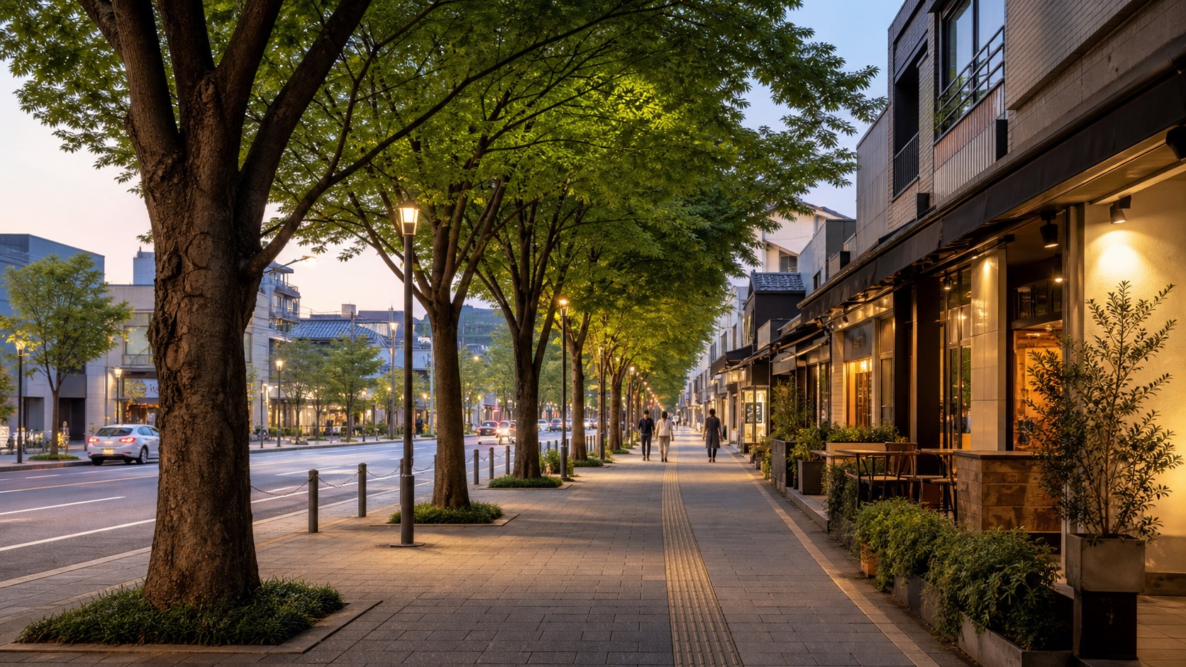 夕暮れのケヤキ並木と広い歩道。カフェや商店が並ぶ、穏やかな街並み